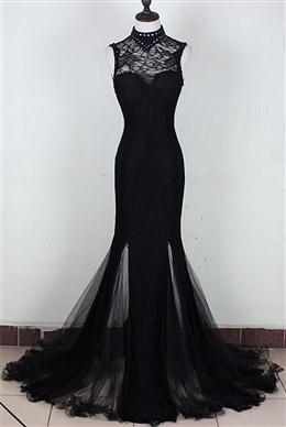 Picture of Charming Black Color Mermaid Backless Long Evening Dresses, High Neckline Prom Dresses